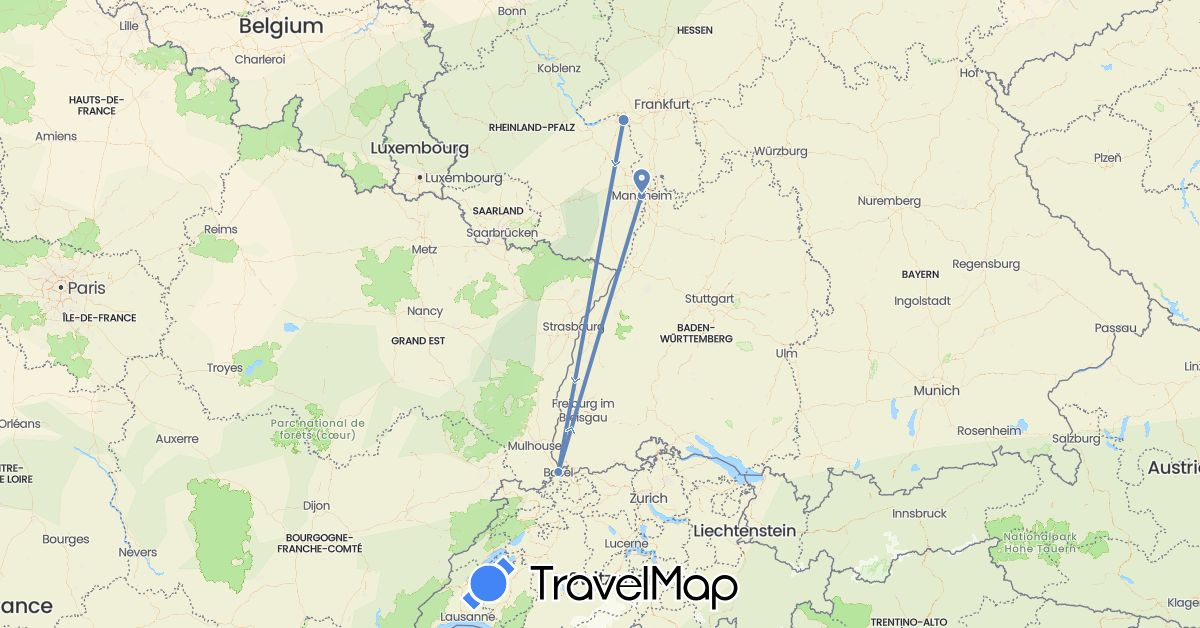 TravelMap itinerary: driving, cycling in Switzerland, Germany (Europe)
